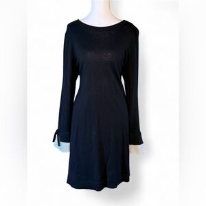 LOFT Black Sweater Dress Contrast Cuff Tie Sleeves Size L